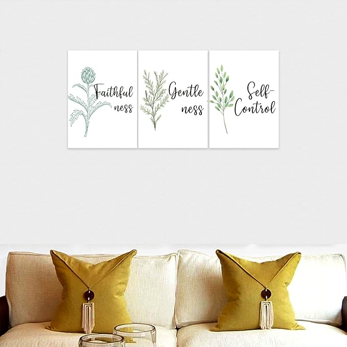3 Piece Inspirational Wall Art, White Plant Background Picture, Quote "Faithfulness Gentleness Self-control" Canvas Print for Home Decor, Stretched And Framed Artwork for School Wall Decor(36"Wx24" H)