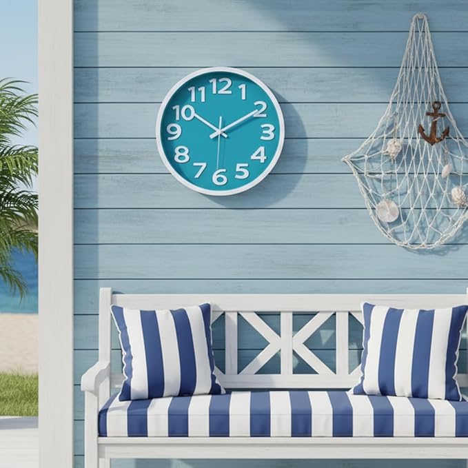 Wall Clock Silent Non Ticking Indoor Outdoor Clock Battery Operated Easy to Read Analog Decorative Clocks for Bedroom Office Home Patio Pool Porch Decor,12 Inch Aqua