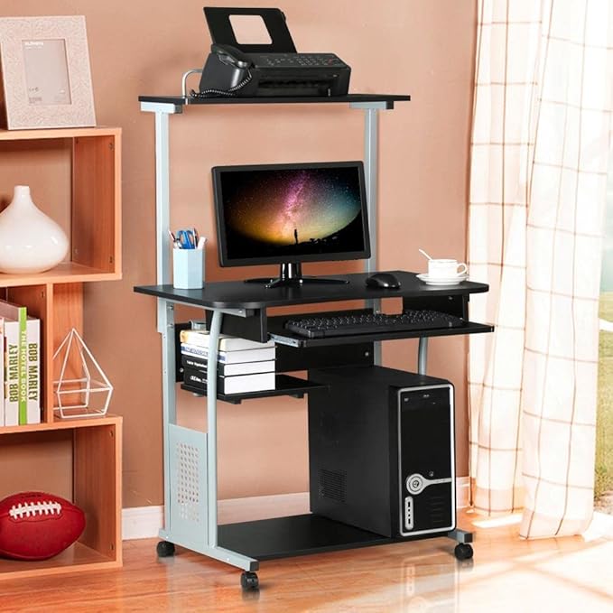 Yaheetech 2 Tier Mobile Computer Desk with Printer Shelf & Keyboard Tray Rolling Computer Table for Small Spaces, Compact Study Workstation with Wheels, Space Saving, Black