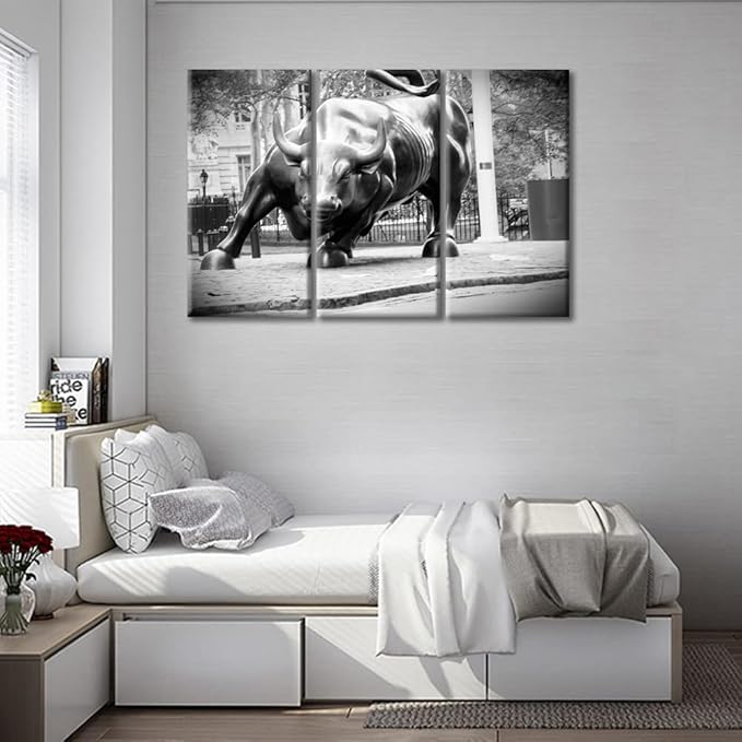3 Panels Black and White Wall Art Paintings for Home Decor, Wall Street Bull Picture Print on Canvas Giclee Modern Artwork Gallery-Wrapped Framed Stretched Ready to Hang - 60" Wx40 H