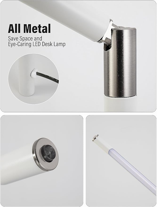 LED Desk Lamp, Home Office Eye Lamp, 3 Modes, Infinitely Adjustable Brightness, Metal, Multi-Angle Adjustment, Detachable Desk Lamp with USB (White)