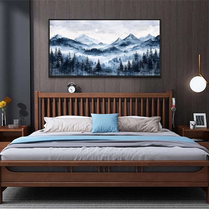 ERQINHUA Black Framed Canvas Wall Art For Bedroom Large Wall Decorations For Living Room Modern Office Mural Misty and Fog Forest Painting Mountain Landscape Pictures Artworks Home Decor 20x40 In