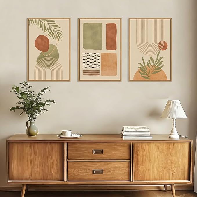 Large Boho Sage Green Framed Canvas Wall Art,Abstract Geometric Beige Wall Decor,Mid Century Modern Art Prints,Neutral Botanical Leaf Artwork for Living Room,Bedroom,Office -24"x36"x3