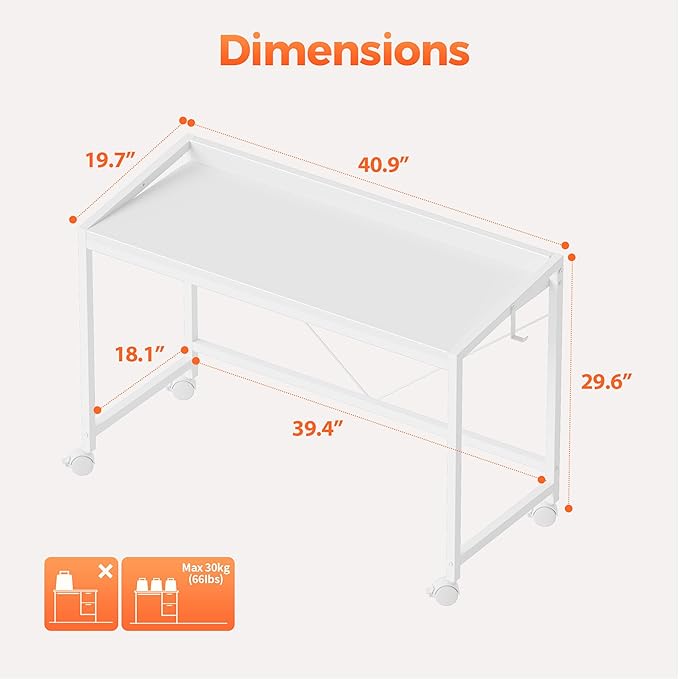 Mericonia 40 inch Rolling Computer Desk with Wheels, Gaming Desk for Small Spaces, Modern Simple Style Table for Home Office, Study Writing Table