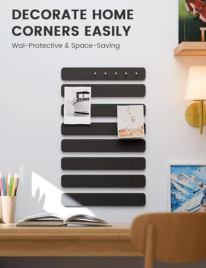 Fluxynara Cork Board Alternative Felt Strip Board 8-Pack 13"x2", Office Pin Board with 50 Push Pins, Adhesive Install for Bedroom Door & Home Office(Black)