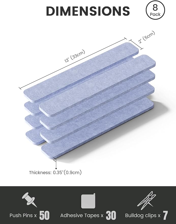 Fluxynara Cork Board Alternative Felt Strip Board 8-Pack 13"x2", Office Pin Board with 50 Push Pins, Adhesive Install for Bedroom Door & Home Office(Soft Periwinkle)