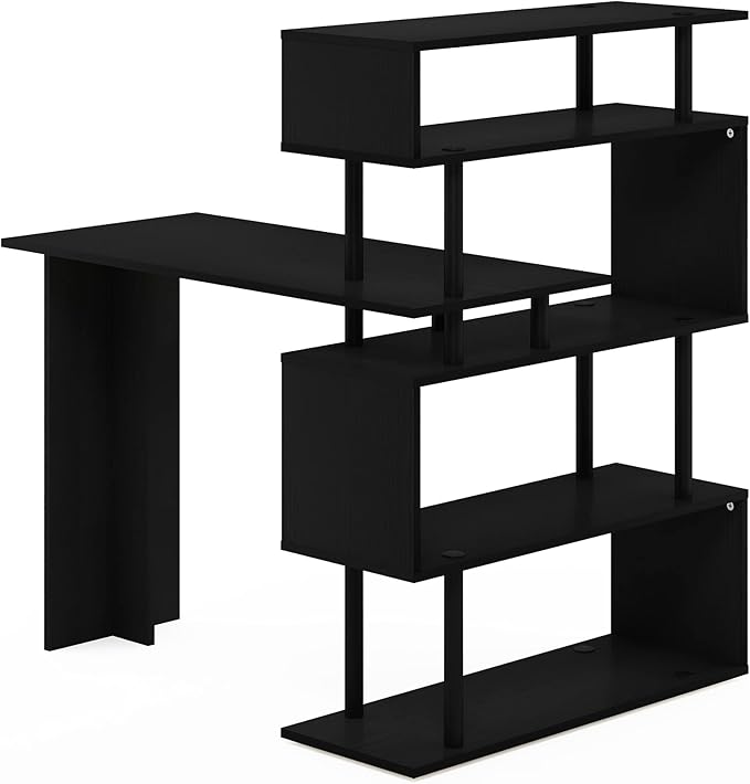 Furinno Classic Desk, 40" Wide L-Shape Gaming Desk, Computer Desk, Writing Desk with 5-Tier S-Shaped Side Shelves for Home Office, Study Room, Dorm, Bedroom, Americano