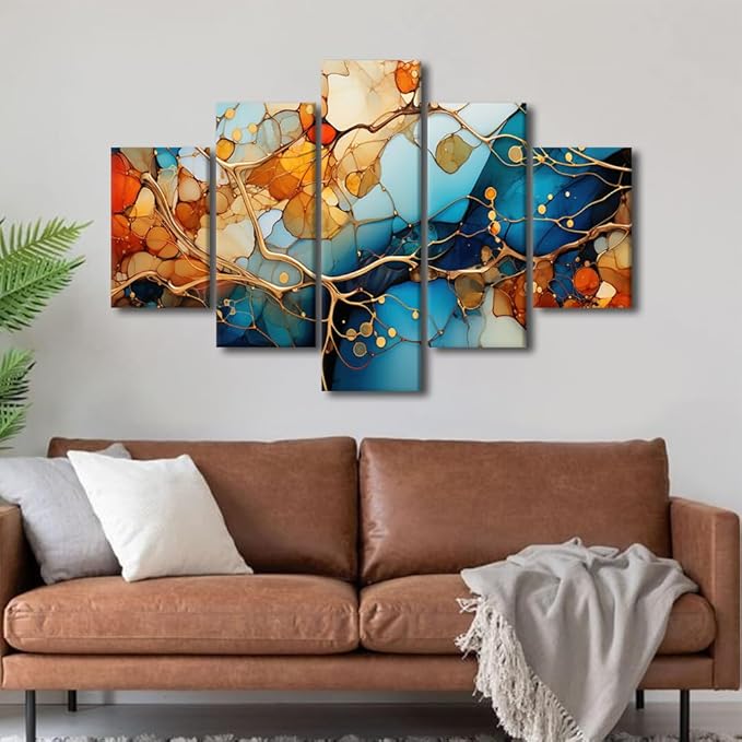 Wall Art Decor for Men Modern Living Room Canvas Art 5 Panel Abstract Painting Art Abstract Branch Seawater Poster Prints for Native Americans Bedroom Wall Art Framed Ready to Hang 60x40 in