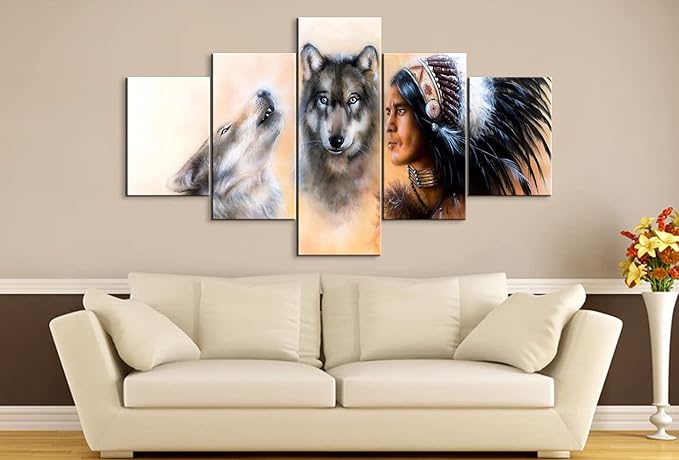 YOUHONG 5-Piece Native American Chief with Wolves Wall Art - Indian Poster Set for Bedroom Decor (70''W x 40''H)