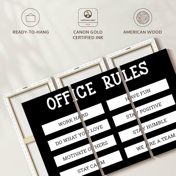 Elephant Stock - Office Rules Wall Art - Horizontal Multi Panel Canvas - 3 Piece Home Office Wall Decor - Digital Art Motivational Typography Multi Piece Wall Art - Black And White Decor by Cad Designs - 33" x 20"
