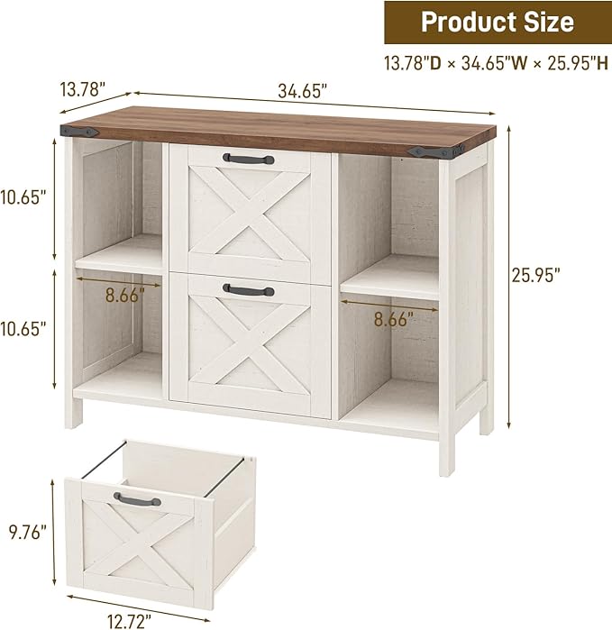 Vabches File Cabinet with 2 Drawers, Farmhouse Lateral File Cabinet Fits Files Letter/A4 Size, Wooden Filing Cabinet with Adjustable Shelves Printer Stand for Home Office, Rustic White