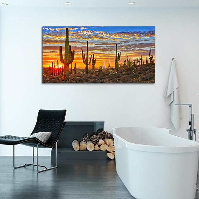 Canvas Wall Art For Living Room Cactus Plant Landscape Painting Bathroom Wall Decor Ready To Hang Home Decorations Bedroom Kitchen Inspirational Canvas Prints Posters Painting Wall Mural Artwork