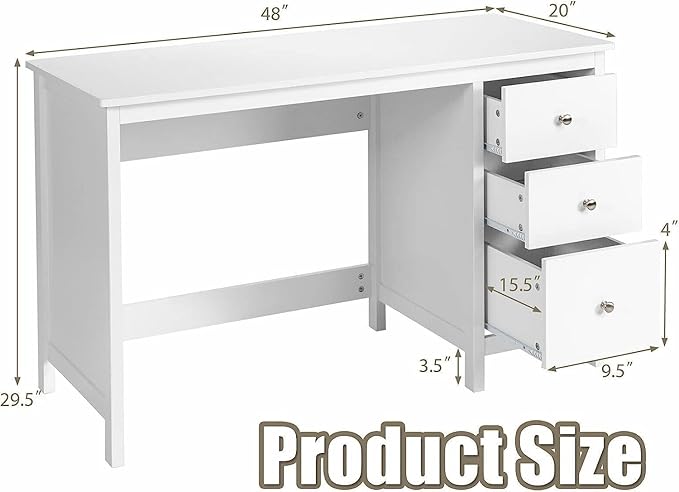 GOFLAME 3-Drawer Computer Desk, Study Desk with Spacious Desktop, Modern Writing Desk, Compact Laptop Desk, Multipurpose Workstation for Home Office, White
