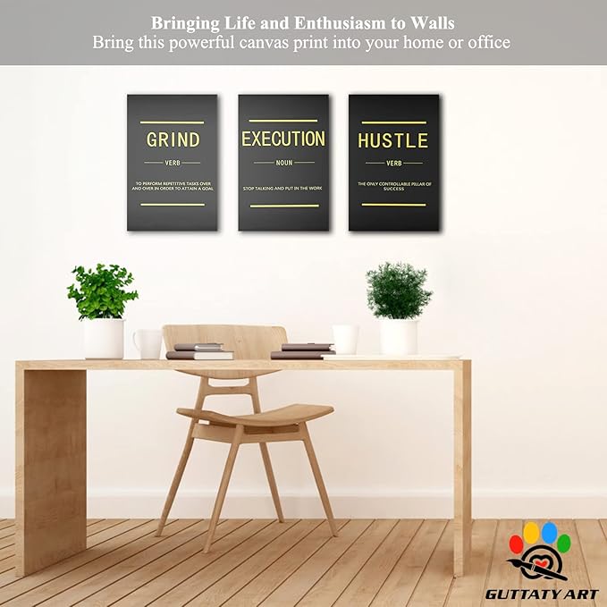 Office Wall Art - 3 Panel Motivational Wall Art, Inspirational Quotes Canvas Art for Home Office Wall Decor, Positive Quotes Wall Decor, Entrepreneur Grind Hustle Execution Poster Frame (12”x18”x3Pcs)