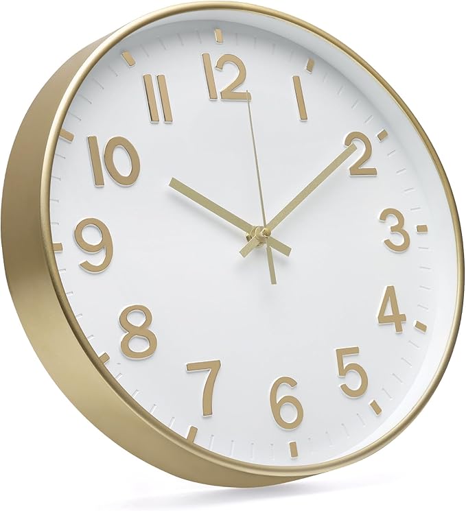 Wall Clock 12 Inch White-Gold Modern Simple Quartz Decorative Clock Non-Ticking Silent Battery Operated Round Wall Clocks Trendy and Practical Best Gift for Living Room Bedroom Kitchen Office