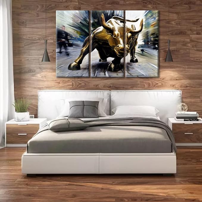 3 Panel Canvas Wall Art Prints Wall Street Bull Painting Artwork for Walls Framed Canvas Printed Modern Artwork Wall Decoration for Living Room Room Bedroom Gallery-Wrapped - 60" Wx40 H