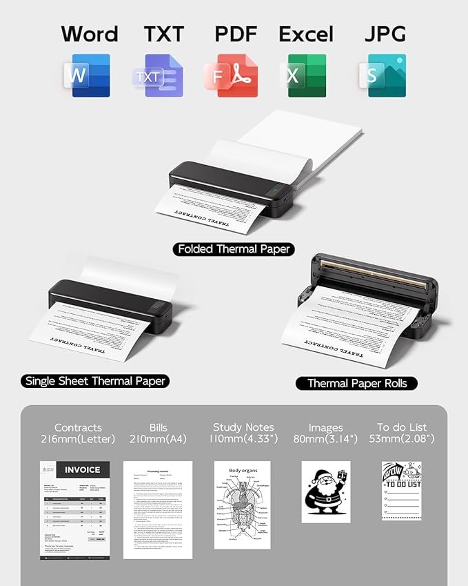 Portable Printers Wireless for Travel, A285M Bluetooth Inkless Thermal Printer Support 8.5" X 11" US Letter, Mobile Printer for Phone Laptop, with Case & 4 Rolls Thermal Paper, for Home Office Receipt
