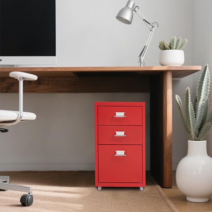File Cabinet, 3 Drawer Office Filing Cabinet Metal Storage Cabinet with Wheels for Home and Office, Under Desk Cabinet Rolling Storage Case for Notebooks Cosmetics (Red)