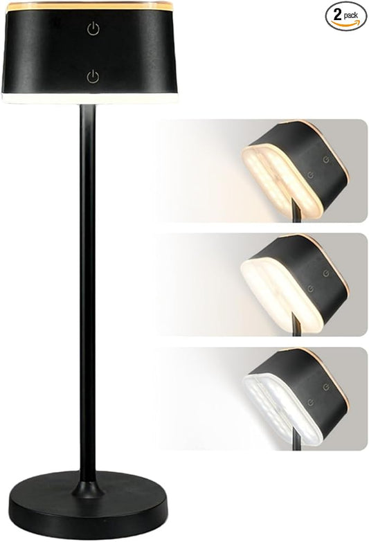 2 Pack Cordless Table Lamps, Rechargeable Touch Lamps for Nightstand & Dining Table, 3 Color Temps 3000K-6500K, Dimmable, Dual-Tone Design, USB-C Portable Bedside Lights, Set of 2, Black