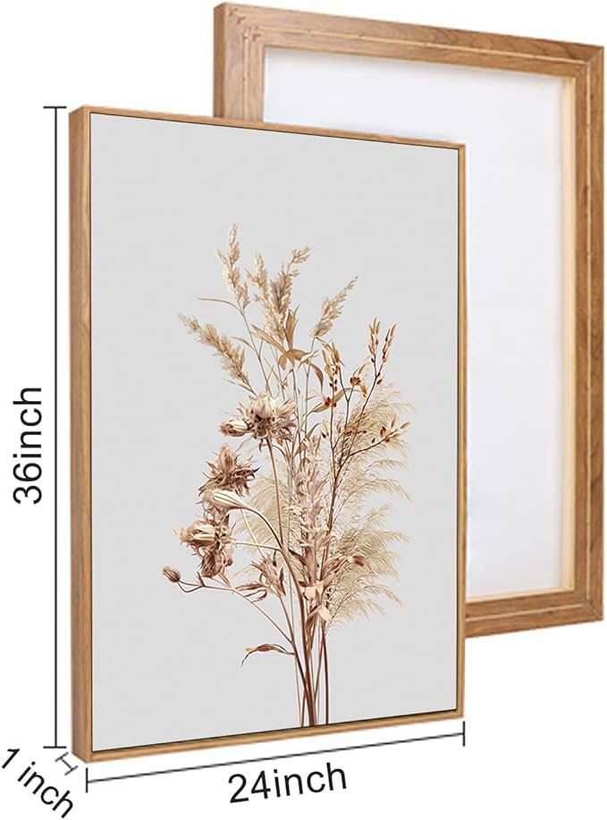 Wildflower Floral Framed Canvas Wall Art Set, Beige Botanical Wall Decor, Minimalist Nature Flower Wall Painting, Modern Boho Farmhouse Art Print for Living Room, Bedroom, Office- 24"x36"x3