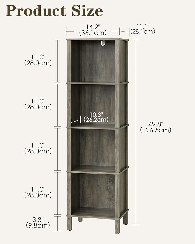 Bookshelf, Modern 4-Tier Bookcase, Open Storage Book Shelf, 11 × 14.2 × 50.4 Inches, Small Narrow Bookshelves for Living Room, Home Office, Bedroom, Gray