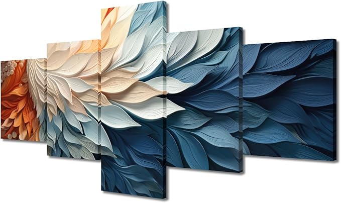 Canvas Wall Art for Bedroom Modern 5 Panel Colorful Abstract Wall Art Blue White Orange Feather Leaf Poster Printing for Men Lady Living Room Home Wall Decor Stretched Ready to Hang 50x24 in