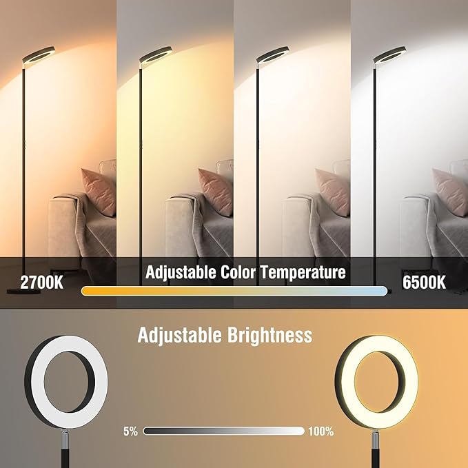 42W Dual-Sided Floor Lamp, RGB Color Changing LED Standing Lamp with Remote, Stepless Dimmabe Warm/Neutral/Cool Floor Light, Modern Torchiere Tall Lamps for Living Room Bedroom Gaming Party