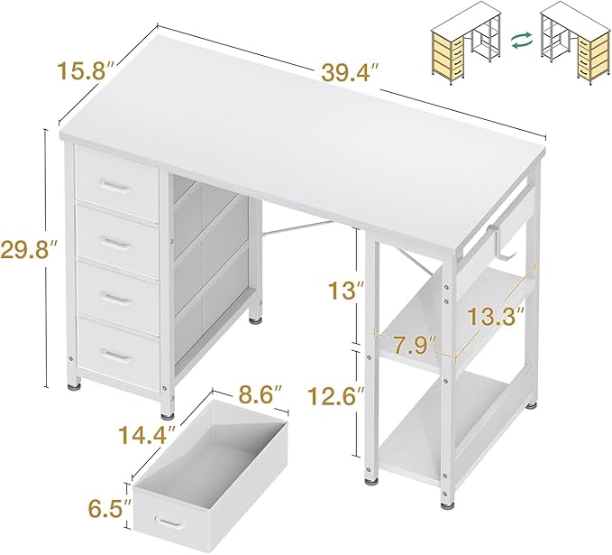 ODK 40 Inch Small White Computer Desk with 4 Fabric Drawers, Modern Office Desk for Home Office Gaming with Storage Shelves Study, White