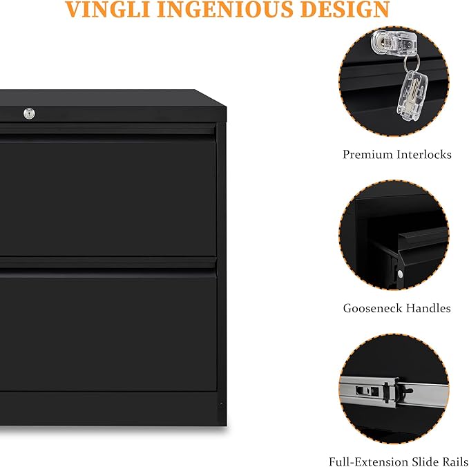 Bonnlo 35.5" Wide 2 Drawer File Cabinet with Lock, Black File Cabinets for Home Office, Metal Lateral File Cabinet & Printer Stand with Minimalist Design for Letter/Legal Size File Folders with Tabs