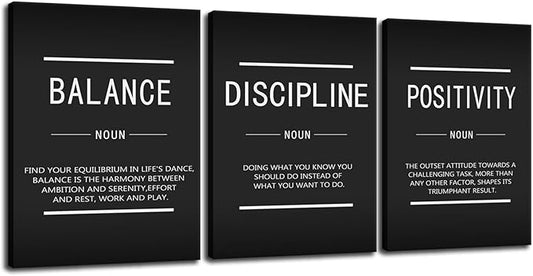 Inspirational Canvas Wall Art Balance Discipline Positivity Noun Painting Office Decor Inspiring 3 Pieces Posters Prints Motivational Picture for Wall Art Decor Living Room Gym Framed[36''Wx 16''H]