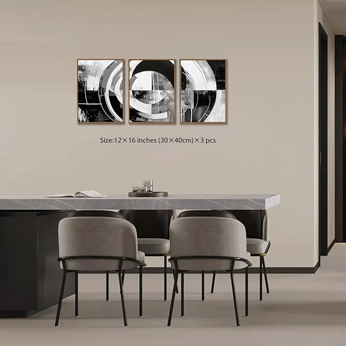 myusuar 3 Piece Large Modern Abstract Canvas Framed Wall Art For Living Room, Black And White Rings Minimalist Wall Art Decor Posters Prints For Bedroom Office, 12x16in