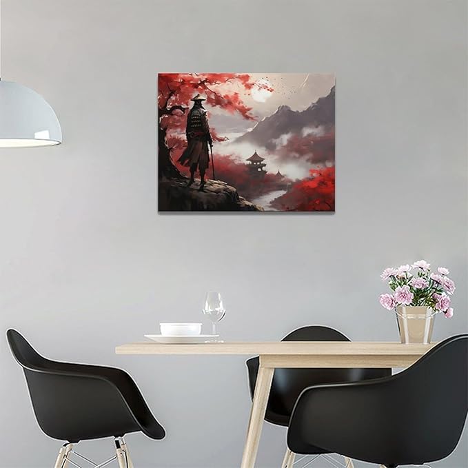yerretin Japanese Bushido Wall Art Samurai Pictures Wall Decor Ancient Japan Warrior Canvas Landscape Painting Home Decoration Artwork for Bathroom Bedroom Living Room Office Framed 16"x12"