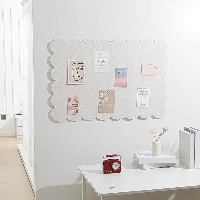 Scalloped Felt Bulletin Board 36 x 24 Inches Foldable Beige Pin Cork Board Alternative for Wall, 3' x 2' Trifold Picture Vision Self Adhesive Bulletin Decorative