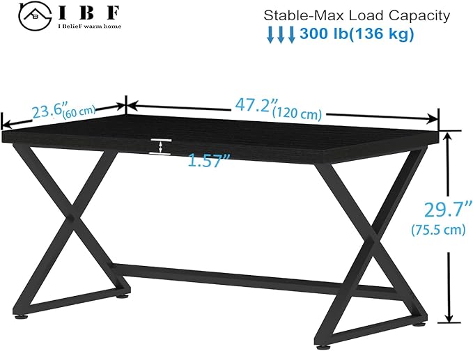 IBF Black Computer Desk, Simple Work Desk for Home Office, Industrial Writing Study Desk in Bedroom, Modern Wood Metal Pc Gaming Laptop Workstation Executive Computer Table, Black Oak, 47 Inch