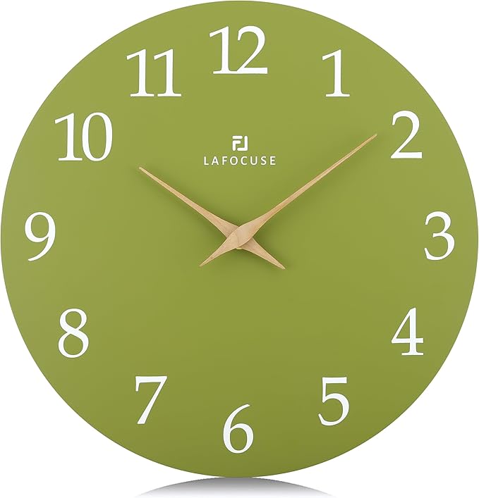 Lafocuse 12 Inch Wooden Olive Green Wall Clock Battery Operated Silent Non-Ticking, Modern Simple Wall Clock for Living Room Decor Kitchen Bedroom Office