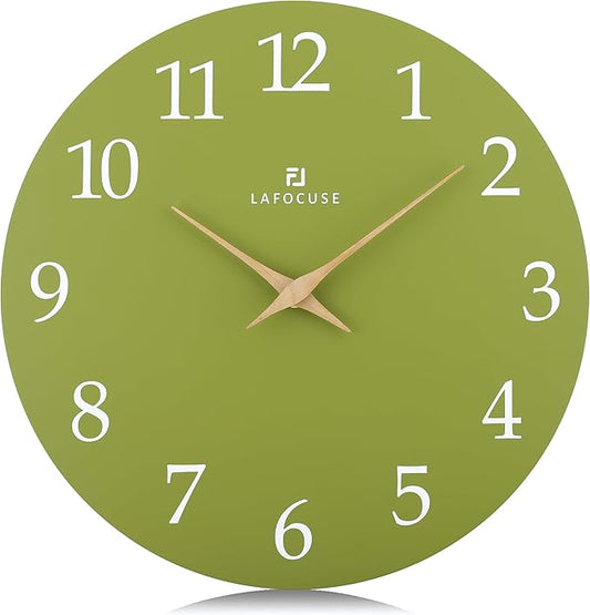 Lafocuse 12 Inch Wooden Olive Green Wall Clock Battery Operated Silent Non-Ticking, Modern Simple Wall Clock for Living Room Decor Kitchen Bedroom Office