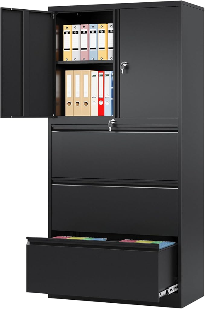3 Drawer Lateral File Cabinet, Office Storage Cabinet with 3 Wide&Deep Drawers and Locking Doors, Black Metal Cabinet with Adjustable Shelves for Home Office, Fits A4/Letter/Legal Size Folders