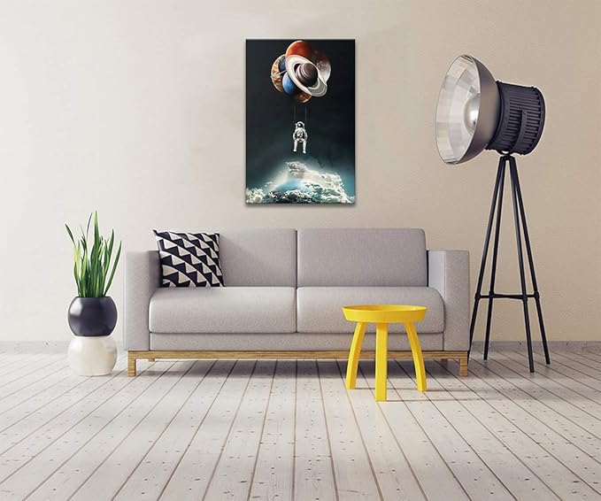 Yatsen Bridge Universe Theme Wall Art, Space Astronaut Holding Planetary Balloon Canvas Picture Art Print, Modern Home Wall Decor Stretched and Framed Ready to Hang - 24x36 inches