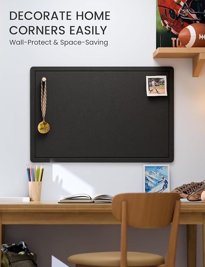 Fluxynara Bulletin Board,35.4" x 23.6" Cork Board Alternative with 12 Safe Removable Adhesive Tabs, Foldable Felt Pin Board for Home Office, Classroom, Bedroom,Entryway for Walls— Black