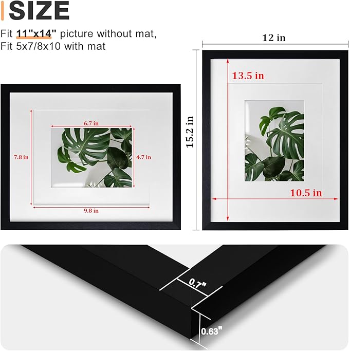 Egofine 11x14 Picture Frames Made of Solid Wood 2 PCS Black Covered by Plexiglass - for Table Top and Wall Mounting for Pictures 8x10 or 5x7 with Mat Horizontally or Vertically Display Photo Frame