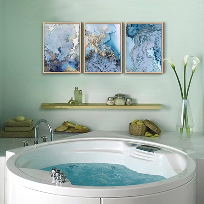 Natural Wood Framed Abstract Paintings Canvas Wall Art For Living Room Bedroom Decoration Office Wall Decor Blue Abstract Watercolor Pictures Home Decoration Posters Artwork 3 Piece Framed Art Prints