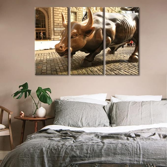 TUMOVO Modern Wall Decor 3 Panels America Famous Attractions Wall Street Bull Pictures Printed on Canvas for Bedroom Living Room Office Stretched and Framed Ready to Hang - 36" Wx24 H