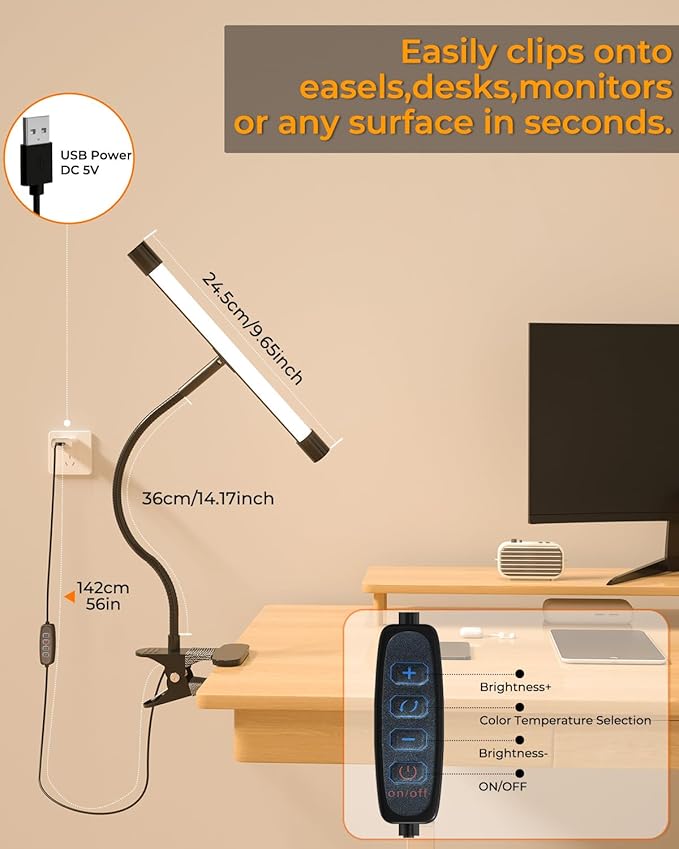 Clip-On Easel Lights for Painting,7W Artist Lamp,3 Color Modes,10 Brightness Levels,Flexible Gooseneck Clip Light for Easel,Desk,Piano,Monitor,USB Powered & No Battery(Adapter Not Included)