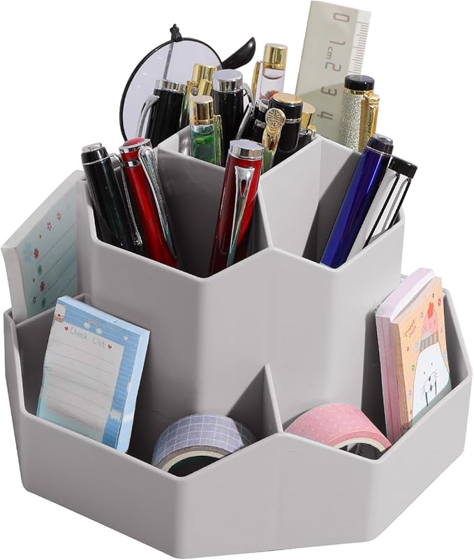 INSTOME Desktop Organizer with Pencil Holders,360°Rotating Pen Holder for Desk Organizer,9 Compartments and Makeup Brush Holders,Multifunctional Office Supplies for Home,Teachers and School (Gray)