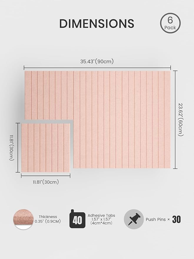 Bumusty Large Cork Board Alternative-36 x 24" Felt Bulletin Board Tiles, with 30 Pushpins, 40 Adhesive Tabs, 6-Pack Slat Wall Paneling, Cork Boards for Office Push Pin Board Felt Board-Pink