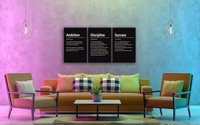 Inspirational 3 Pieces Discipline Noun Motivational Canvas Wall Art Inspirational Ambition Noun Painting Success Poster Print Artwork Modern Office Wall Decor Home Living Room Frame[72" W X 36" H]
