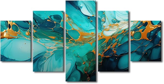Abstract Canvas Wall Art Decor for Bedroom Modern Living Room Wall Art Abstract Seawater and Sediment Painting Artwork 5 Panel wall art for Office Decor Stretched and Framed Ready to Hang 60x32 in