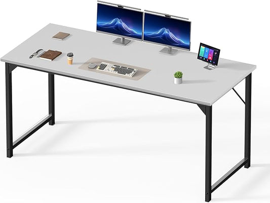 DUMOS 63 Inch Small Computer Desk for Home Office, Modern Study Work Table Simple Style for Bedroom, WritInchg Desks with Triangular ReInchforcement, Wood White