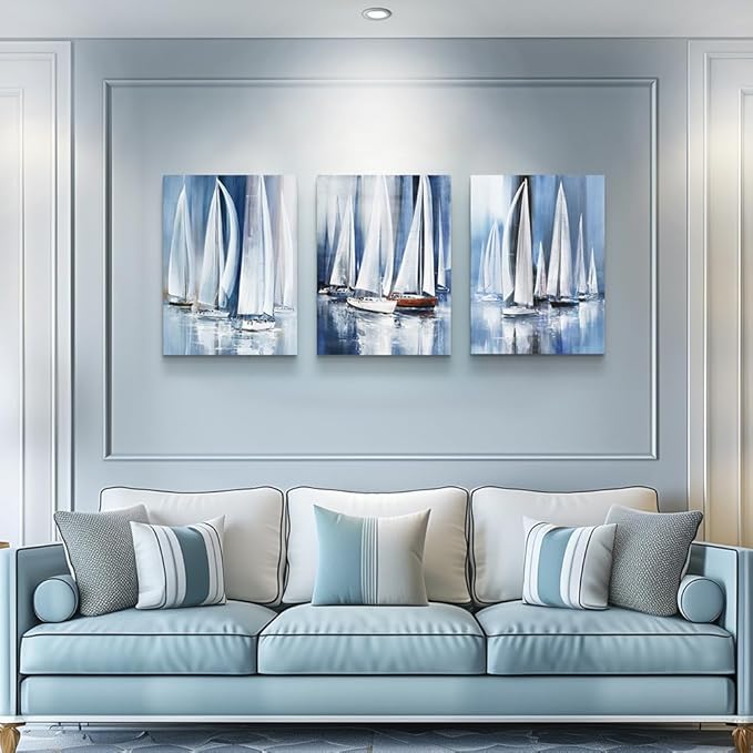 3 Piece Framed Canvas Wall Art For Living Room Large Size Bedroom Wall Decor Art Ocean Landscape Sea Sailboat Abstract Canvas Painting Ready To Hang Office Home Decoration Poster Pictures Artworks