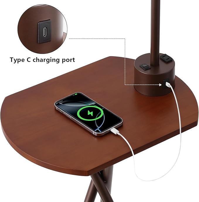Floor Lamp with Oval Side Table, 3 Color Temperature 9W LED Bulb, Remote and Foot Switch Control, USB A and C Ports, Dual AC Outlets, 1-Hour Timer, Modern Lamp for Living, Bedroom, Brown